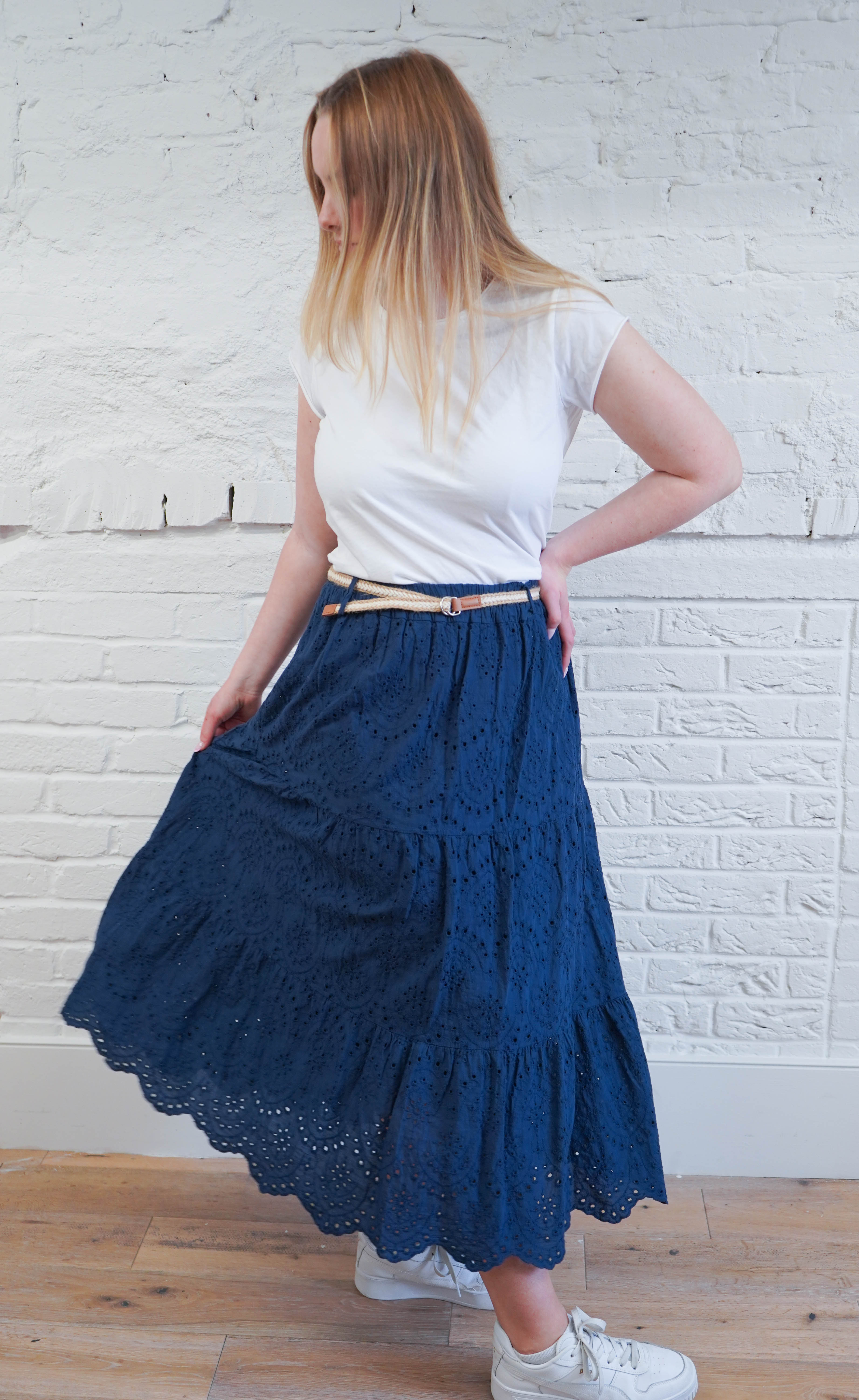 Broderie Tiered Maxi Skirt with Belt