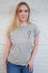 Acid Wash Grey T Shirt with Embroidered Bolt