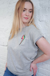 Acid Wash Grey T Shirt with Embroidered Bolt