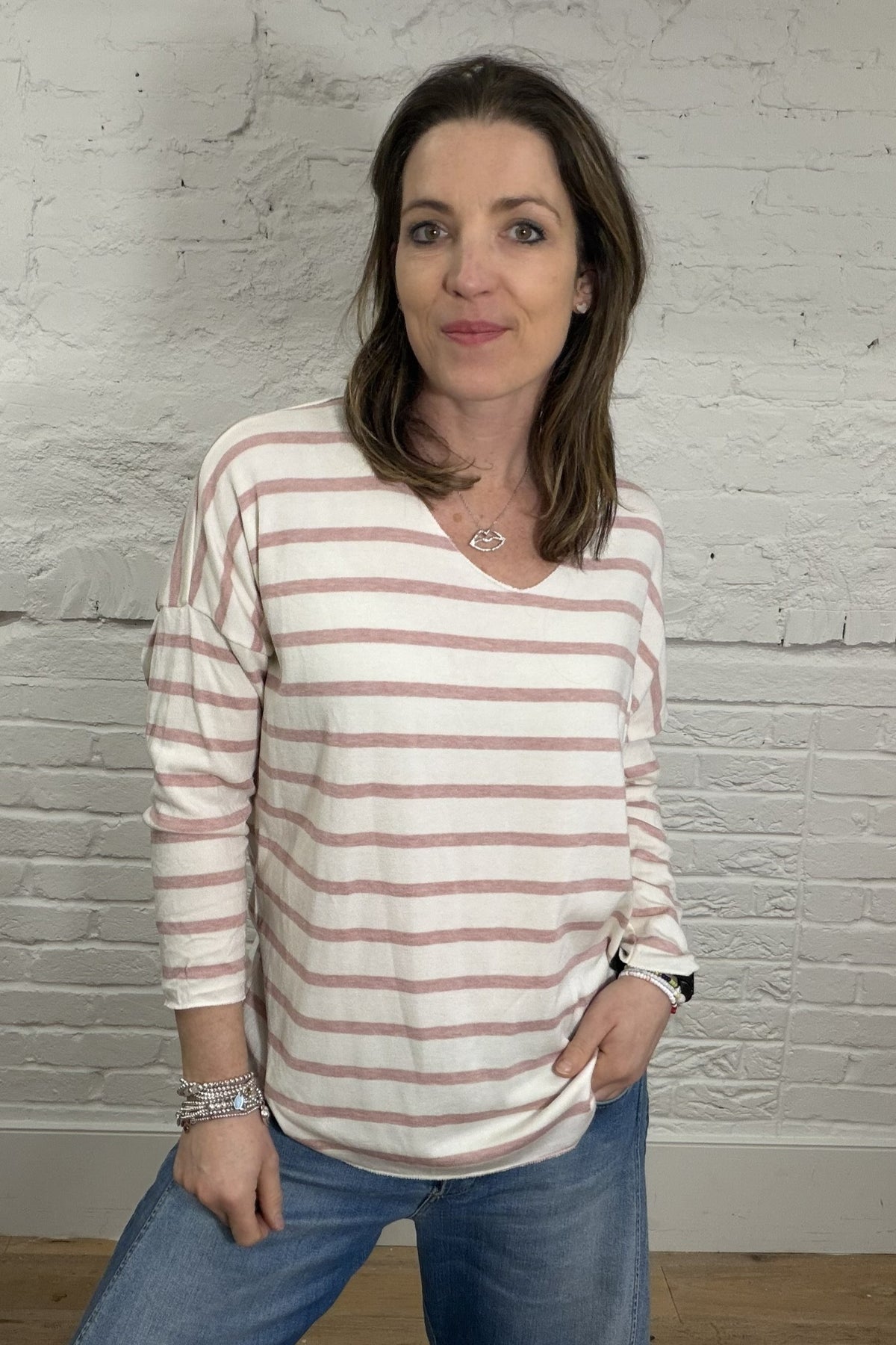 Soft Striped V-Neck Long Sleeve Top