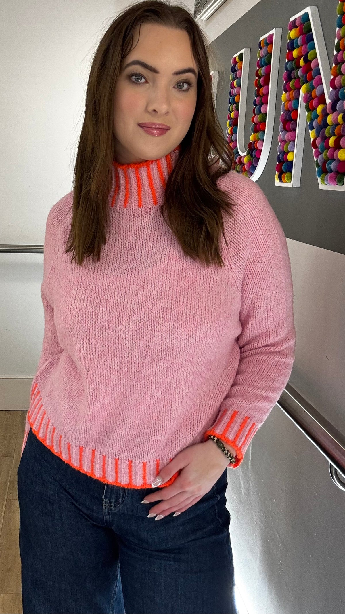 Funnel Neck Contrast Stitch Jumper