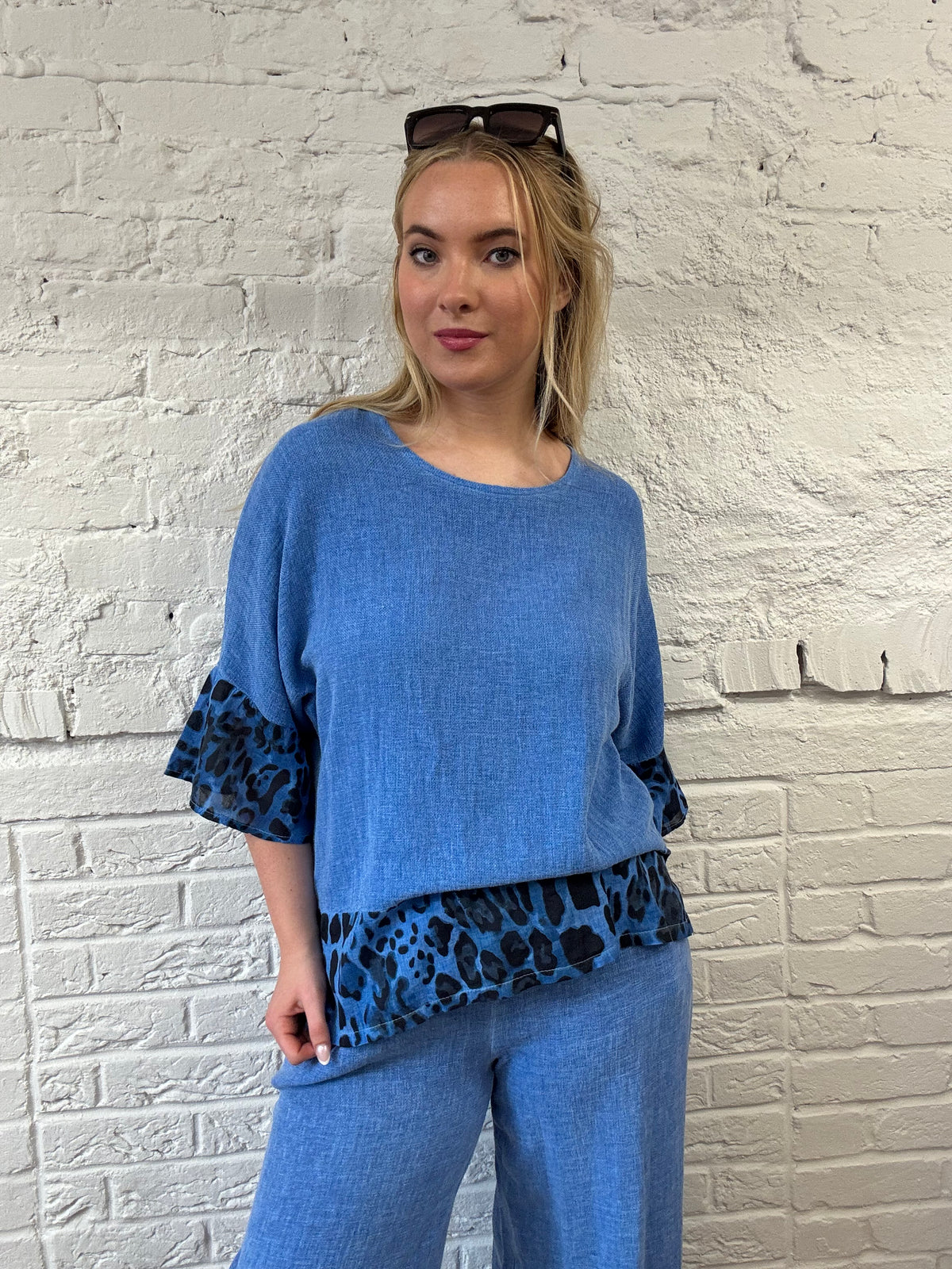 Cotton and Linen Mix Top With Leopard Detail