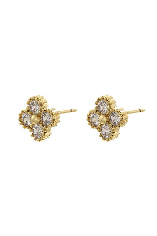 Clear Crystal Flower Earrings in 18K Gold Plate