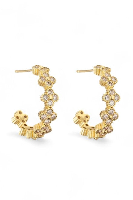 Crystal Flower Hoop Earrings in 18K Gold Plate