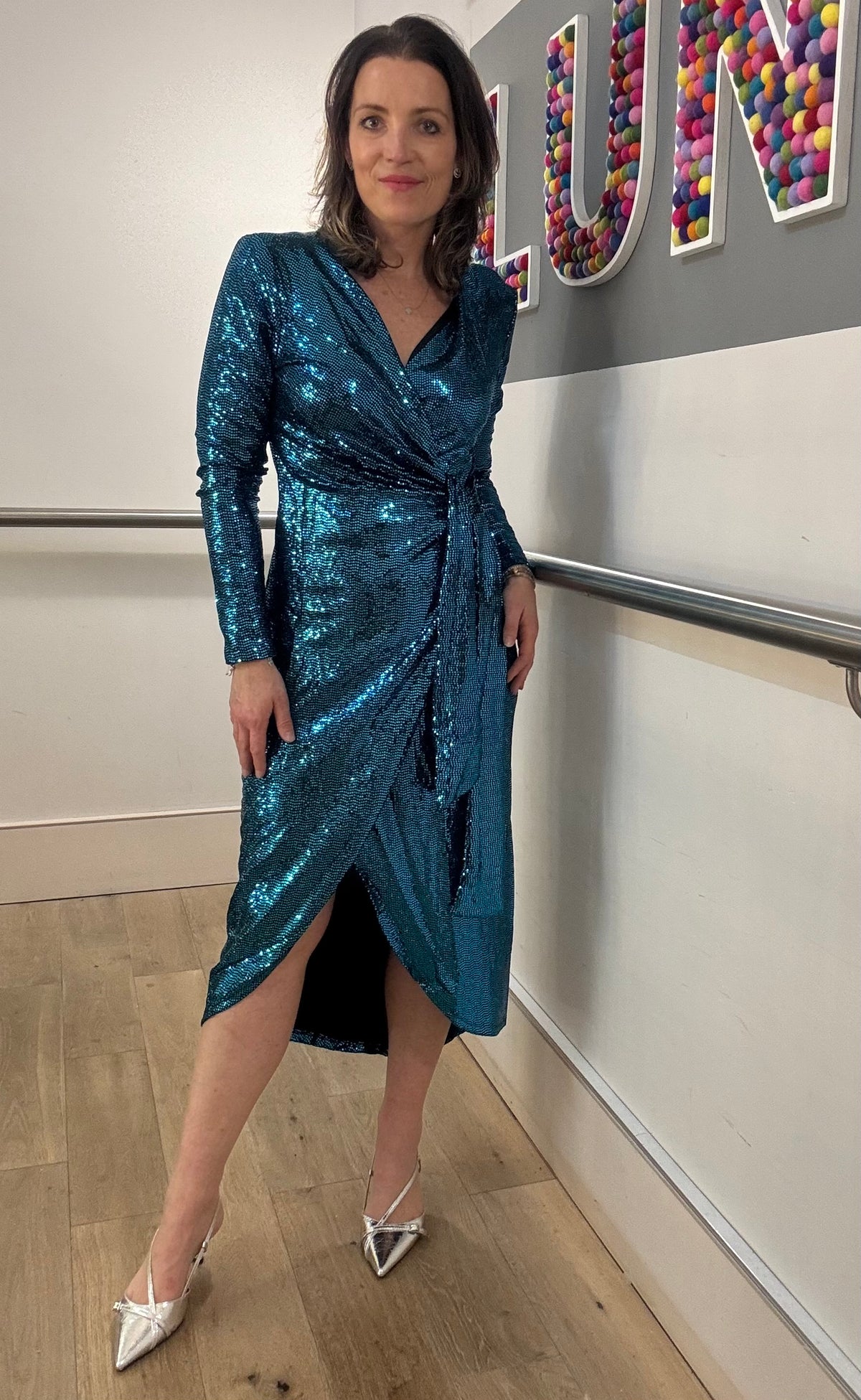 Sequin Wrap Midi Dress in Teal