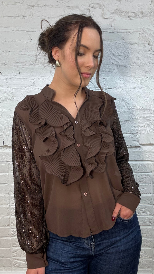 Cascade Ruffle Sequin-Sleeve Blouse