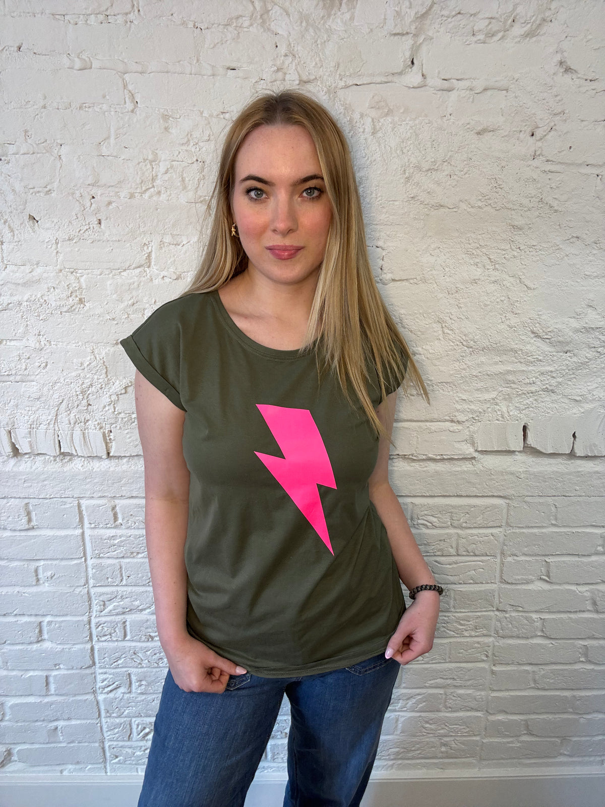 Khaki T-shirt with Small Neon Lightning Bolt - Pink