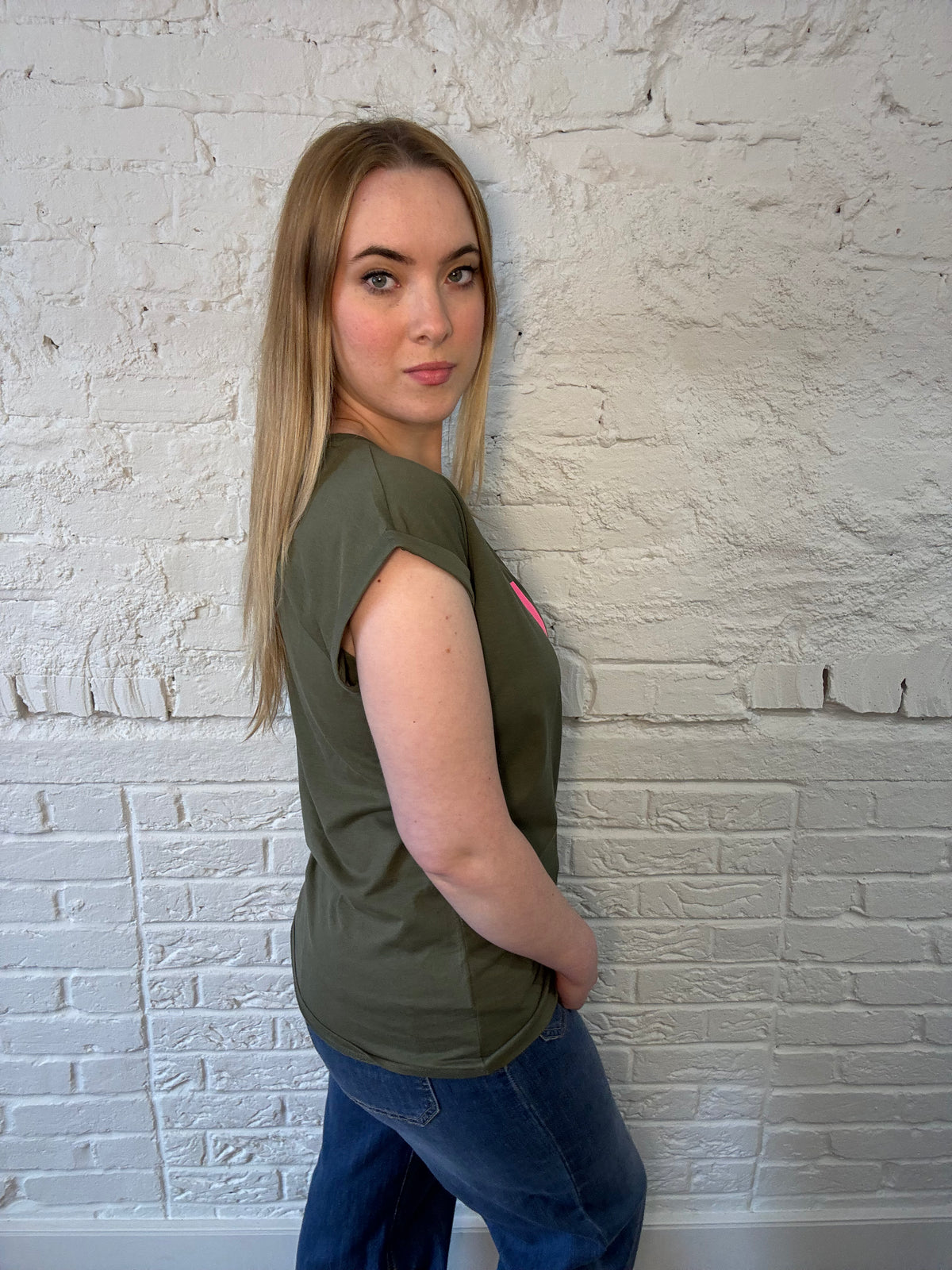 Khaki T-shirt with Small Neon Lightning Bolt - Pink