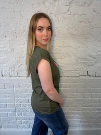 Khaki T-shirt with Small Neon Lightning Bolt - Pink