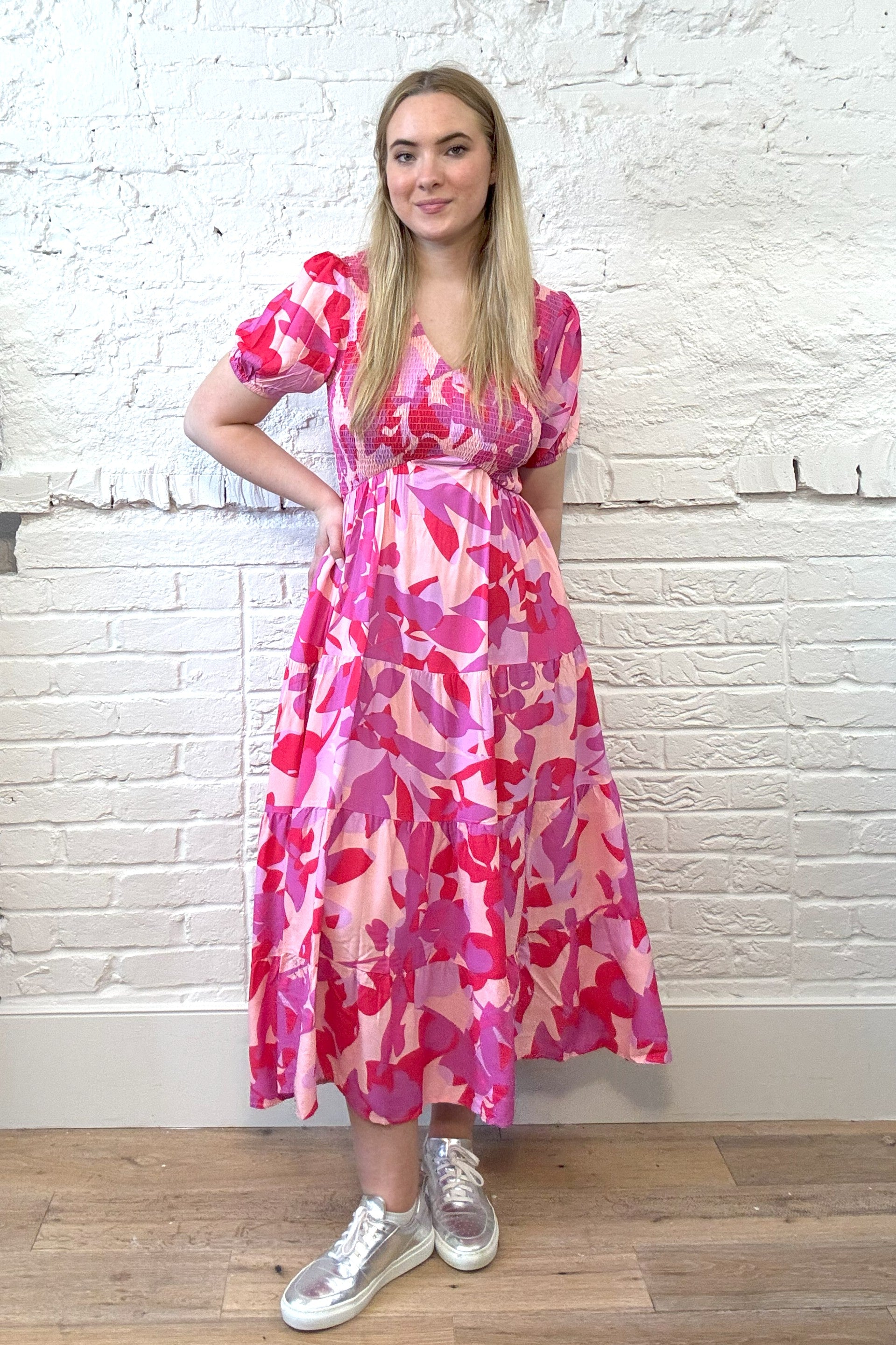 Botanical Print Shirred Dress