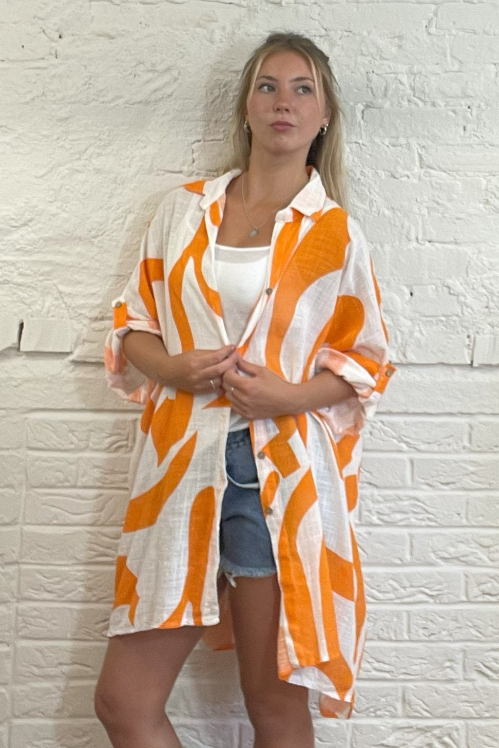 Long Abstract Print Cotton Shirt