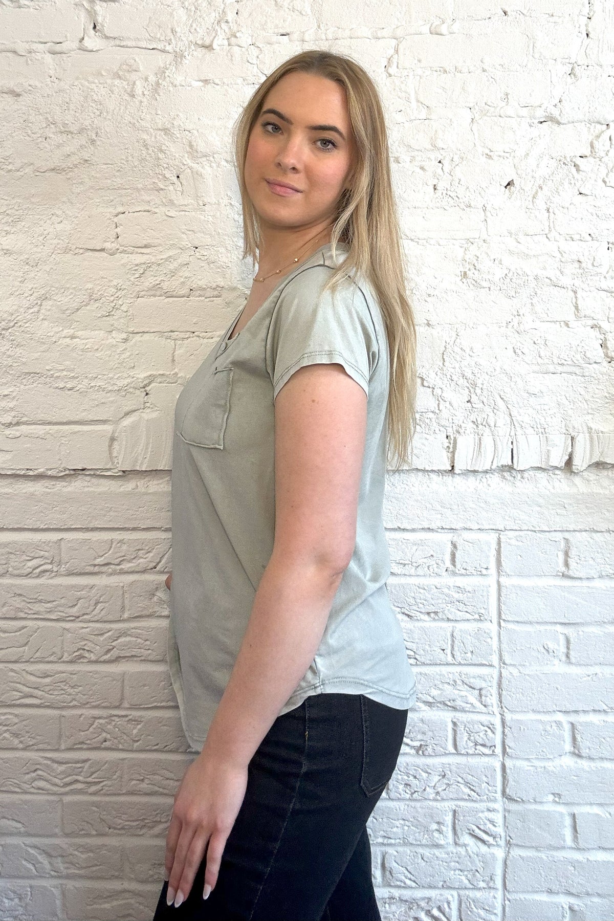 Stone Wash Cotton Button Detail T-Shirt