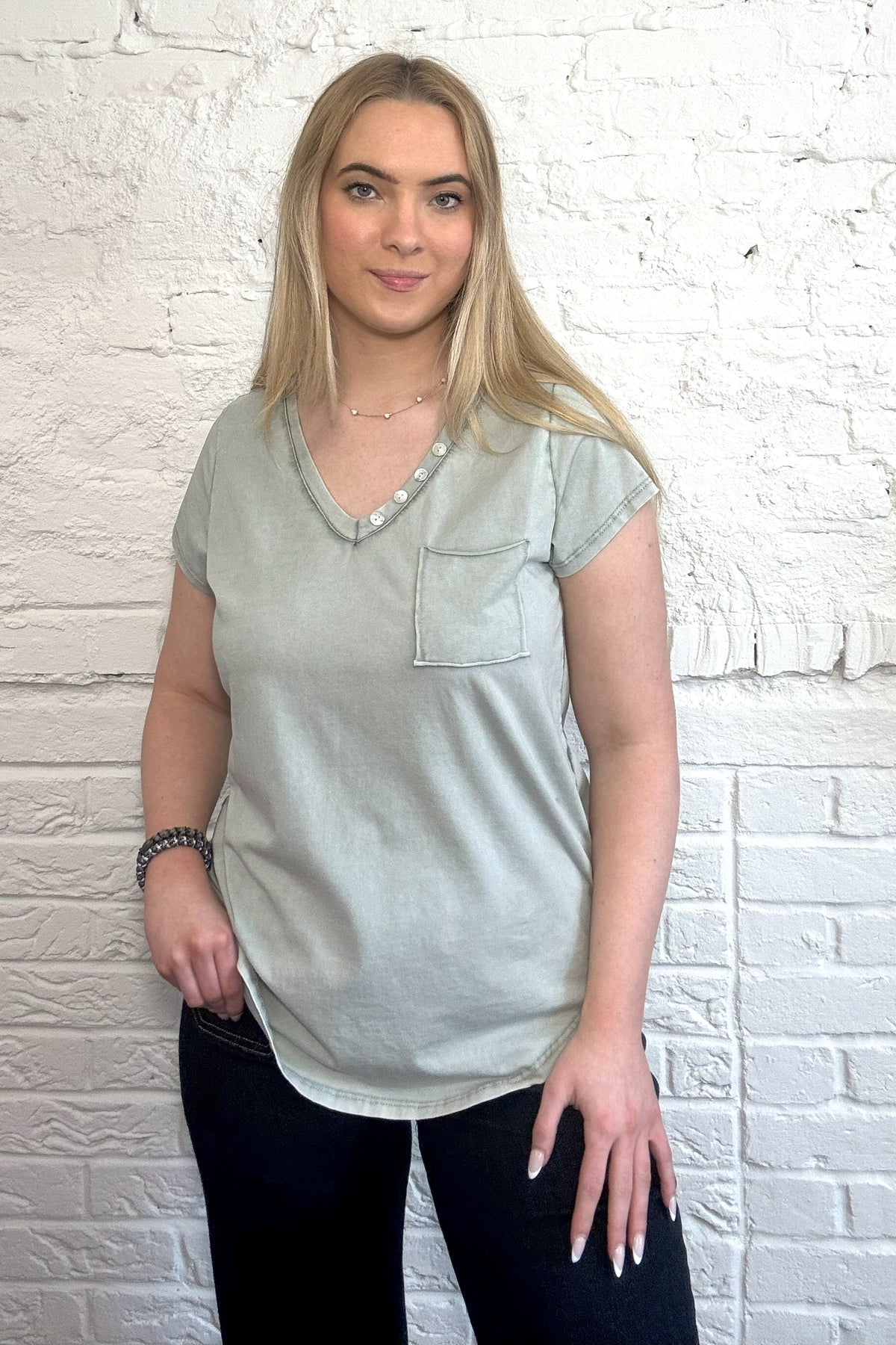 Stone Wash Cotton Button Detail T-Shirt