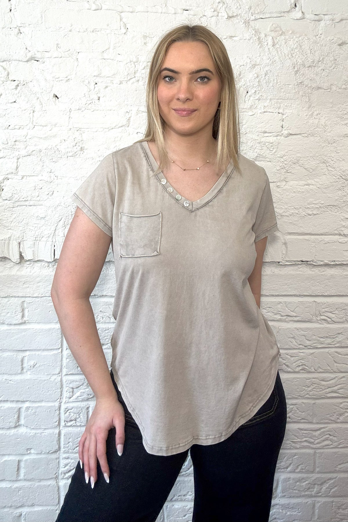 Stone Wash Cotton Button Detail T-Shirt