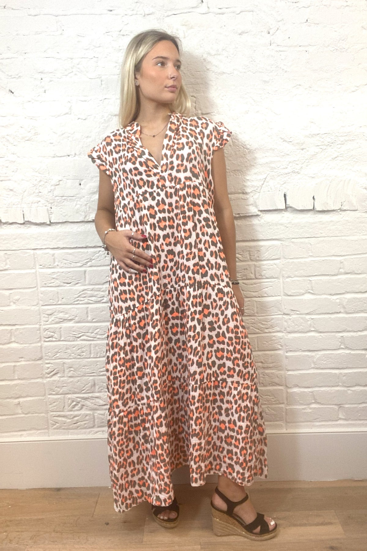 Leopard Flutter Sleeve Maxi Dress