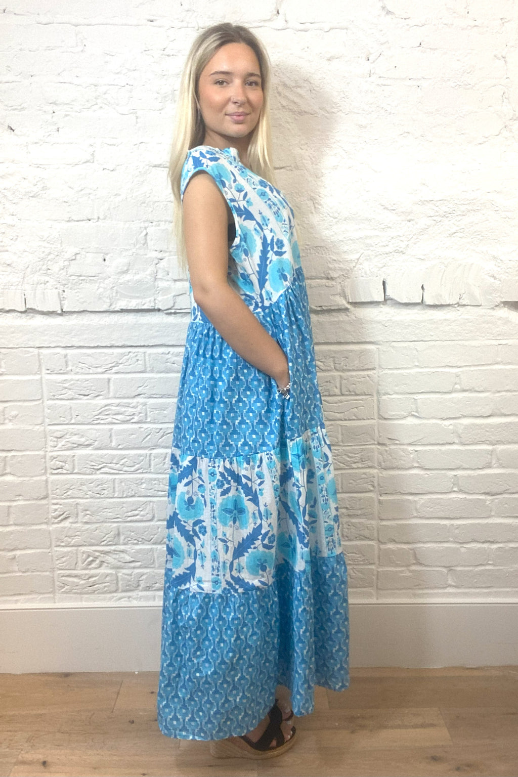 Handprinted Azure Bloom Maxi Dress