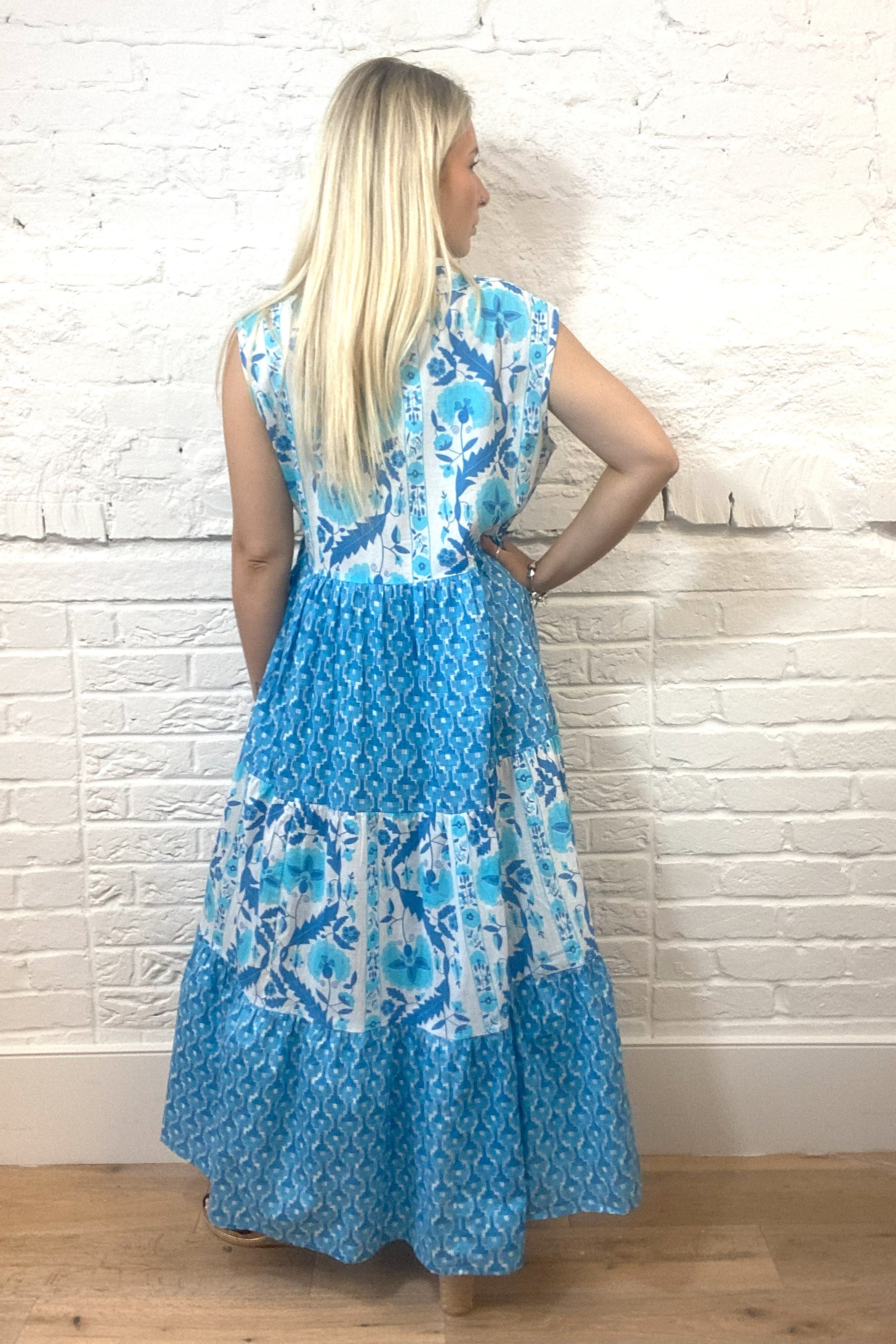Handprinted Azure Bloom Maxi Dress