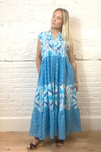 Handprinted Azure Bloom Maxi Dress