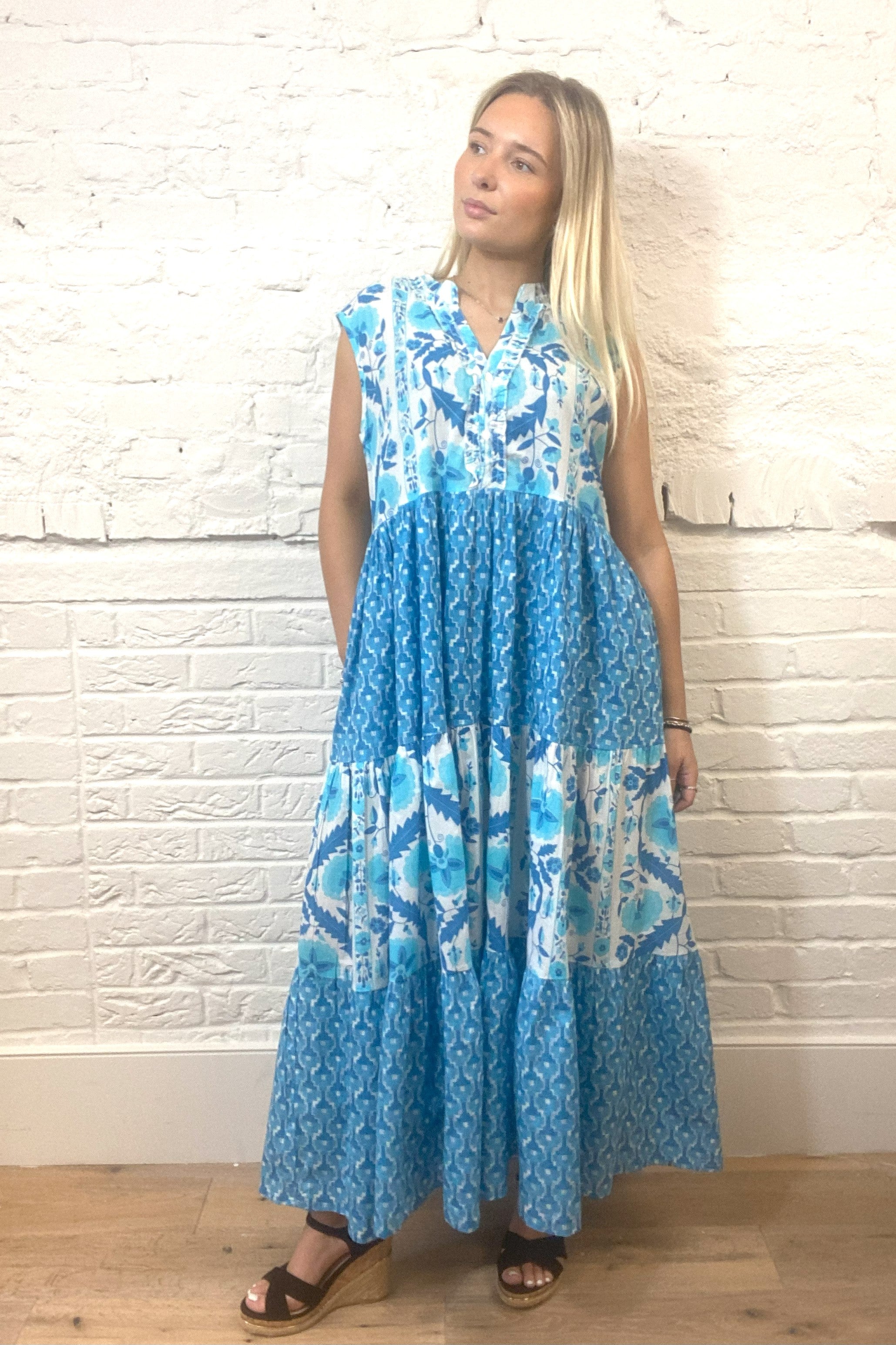 Handprinted Azure Bloom Maxi Dress