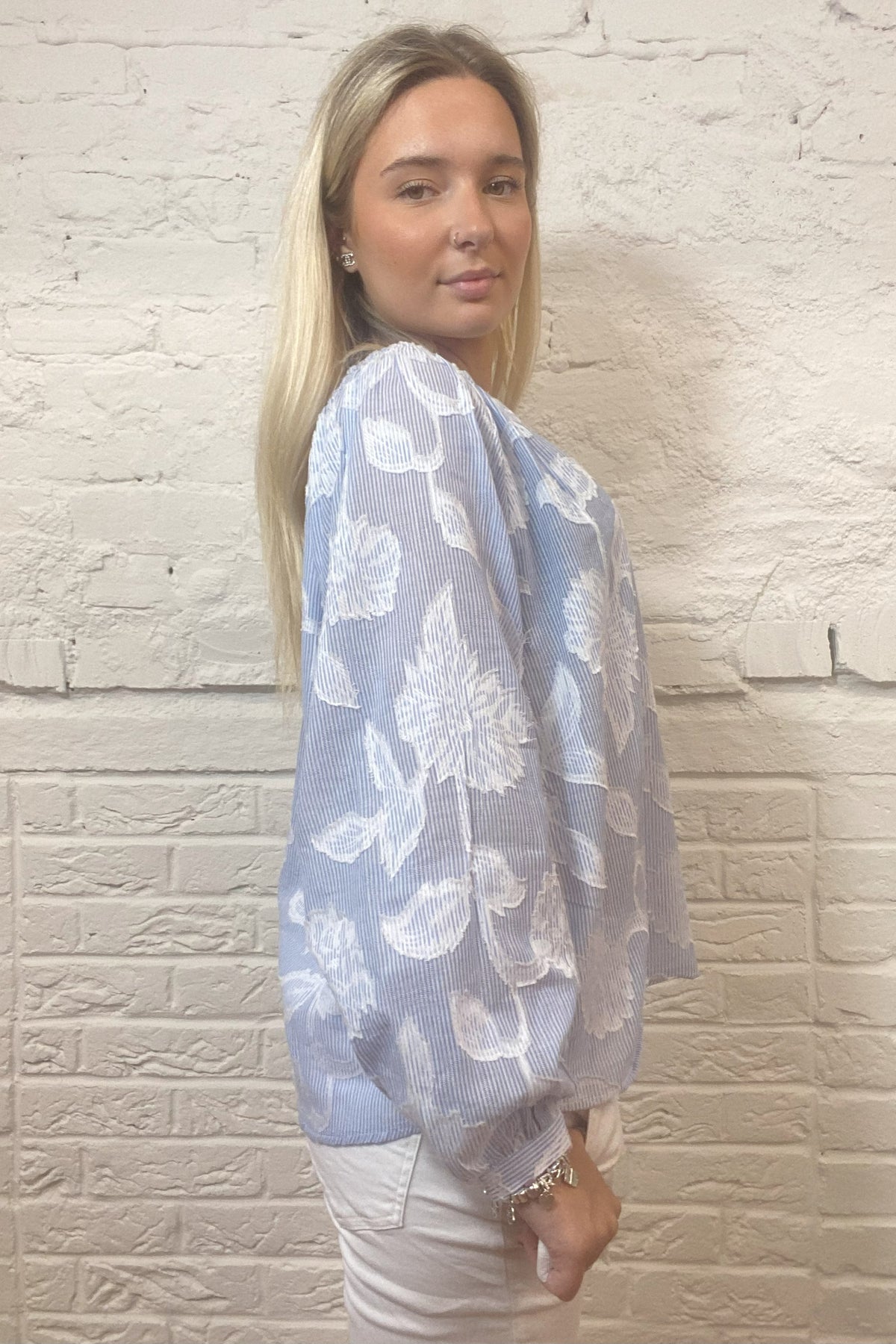 Cotton-Poplin Striped Floral Blouse