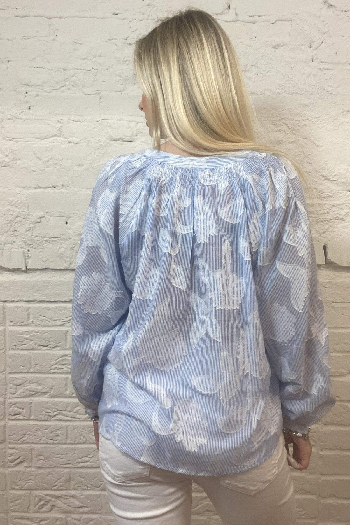 Cotton-Poplin Striped Floral Blouse