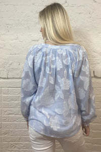 Cotton-Poplin Striped Floral Blouse