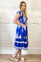 Cap Sleeve Mediterranean Print Midi Dress