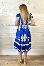Cap Sleeve Mediterranean Print Midi Dress