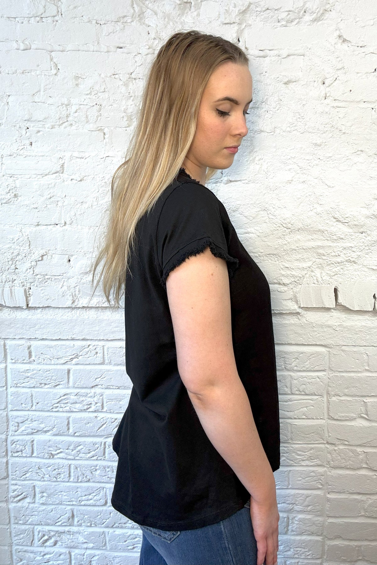 Button Detail Frayed Edge Tee