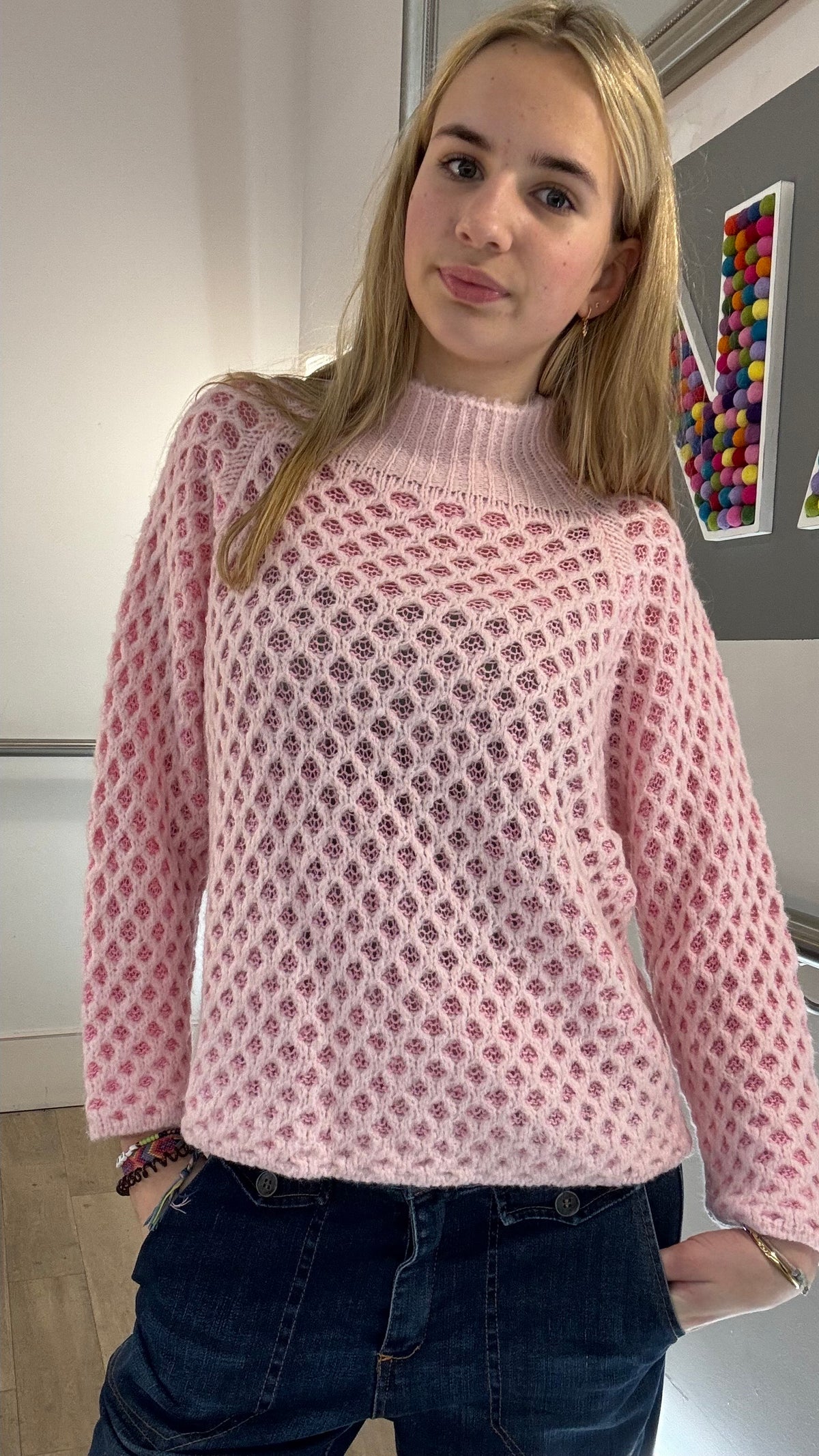 Two-Tone Funnel Neck Waffle Jumper