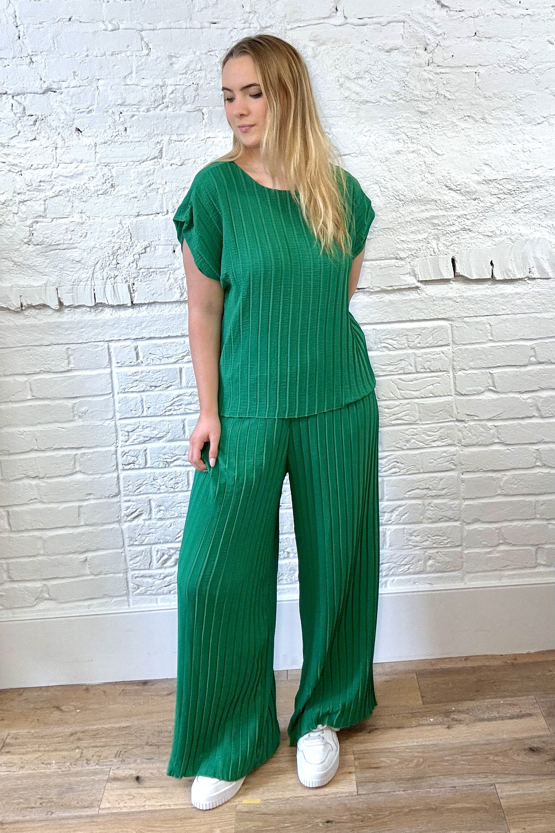 Pleated Cap Sleeve Top And Trouser Set