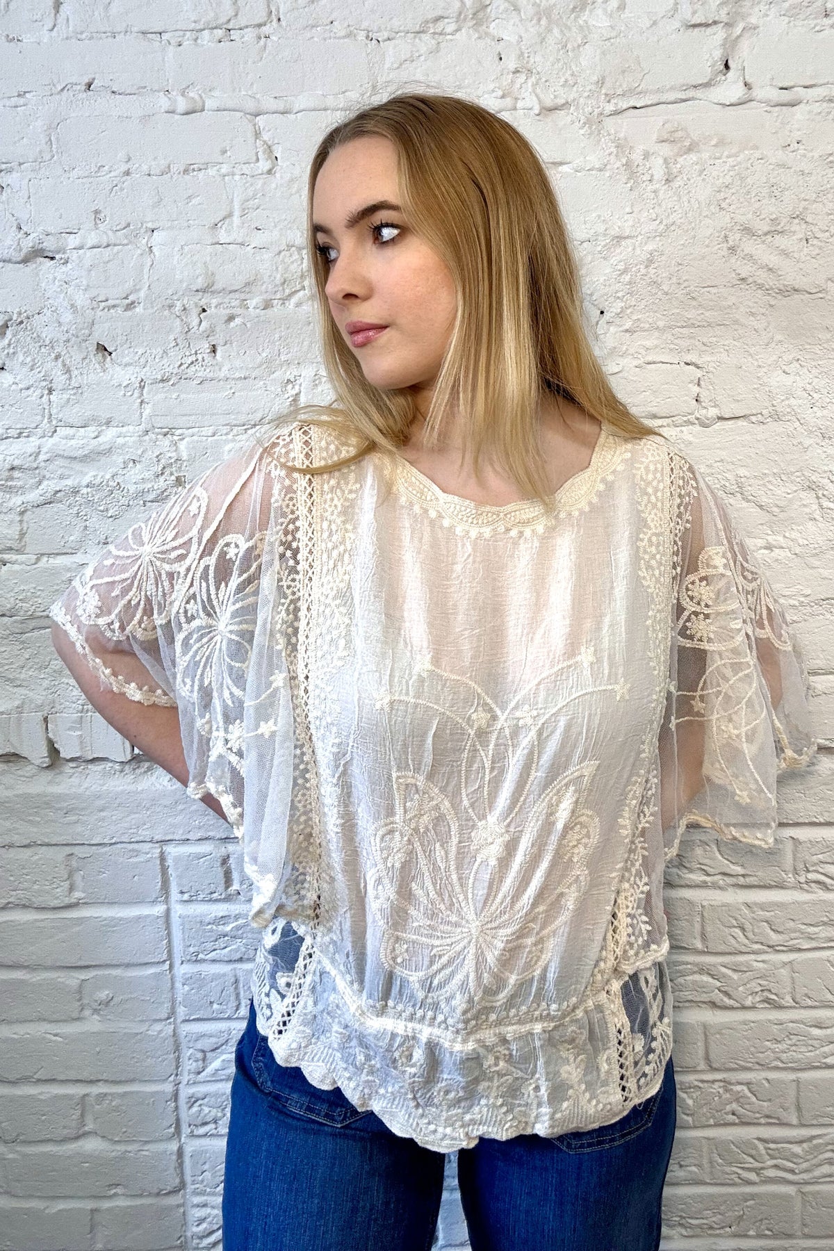 Embroidered Angel Sleeve Top