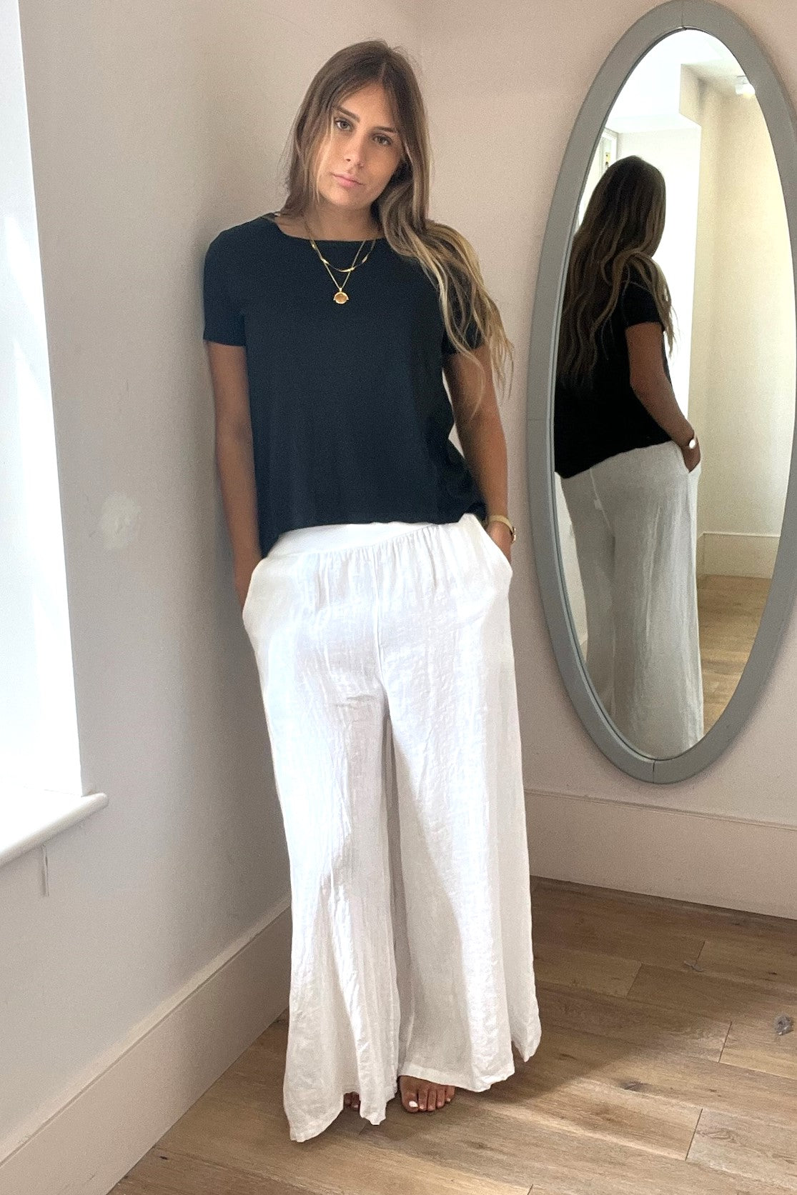 Wide Leg Linen Trousers with Waistband