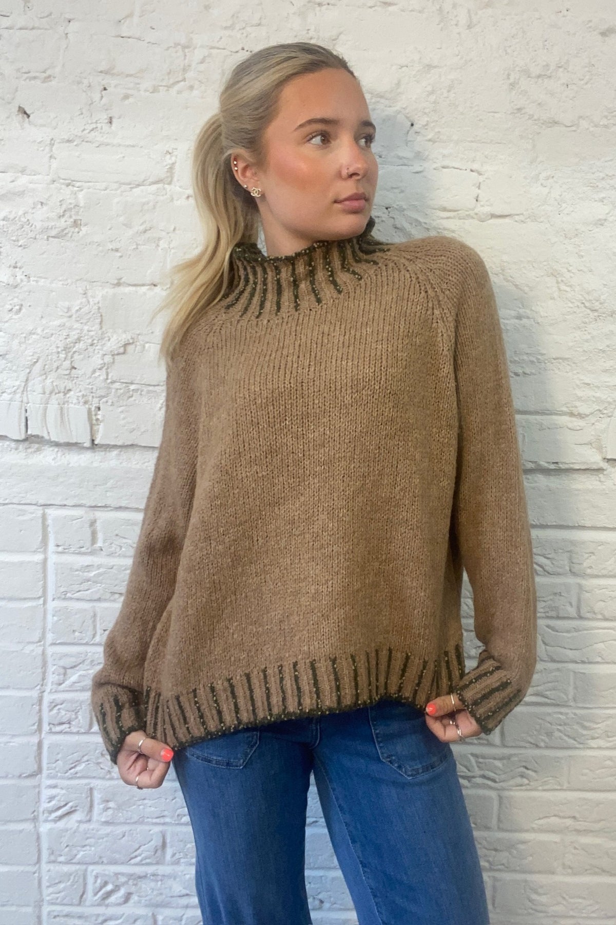 Funnel Neck Contrast Stitch Jumper