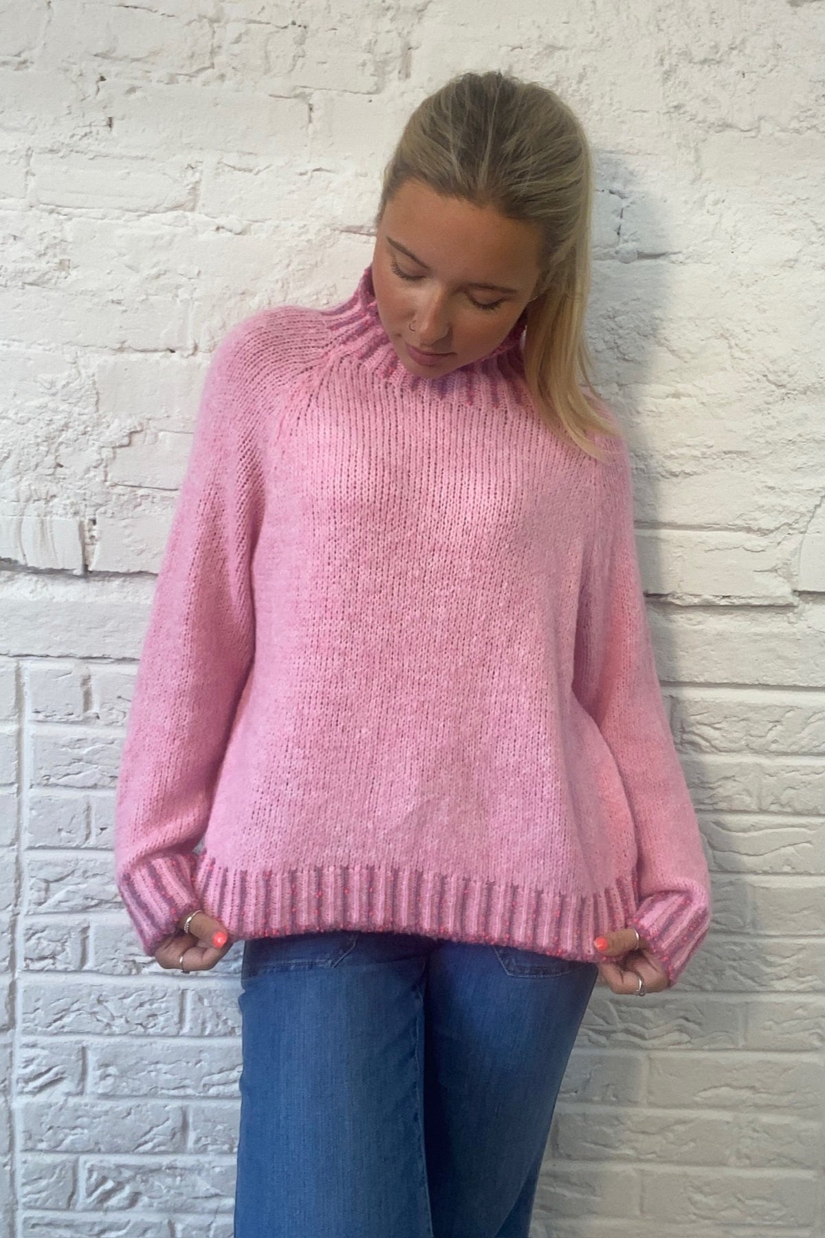 Funnel Neck Contrast Stitch Jumper