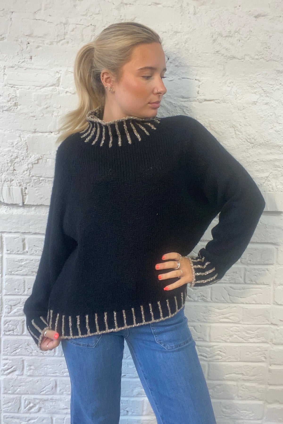 Funnel Neck Contrast Stitch Jumper