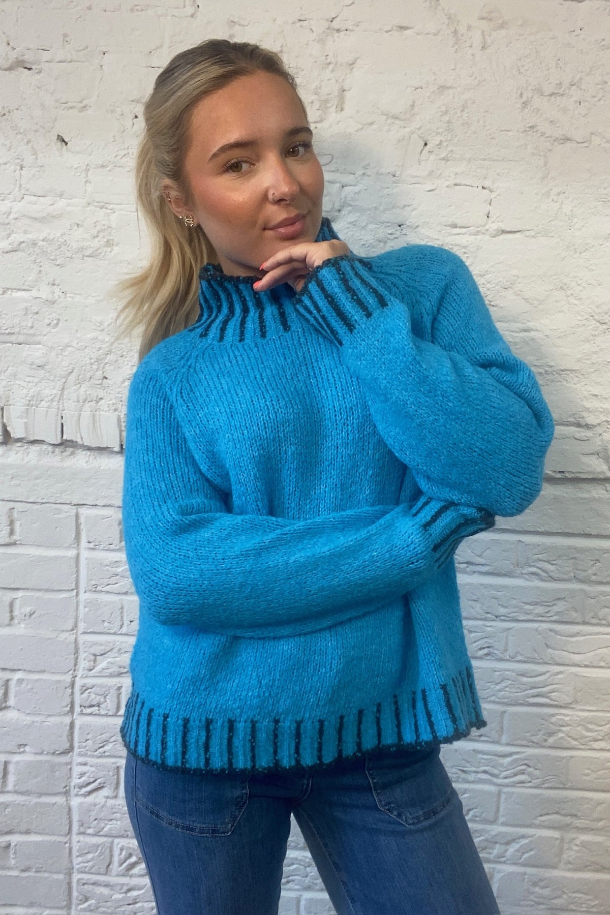 Funnel Neck Contrast Stitch Jumper