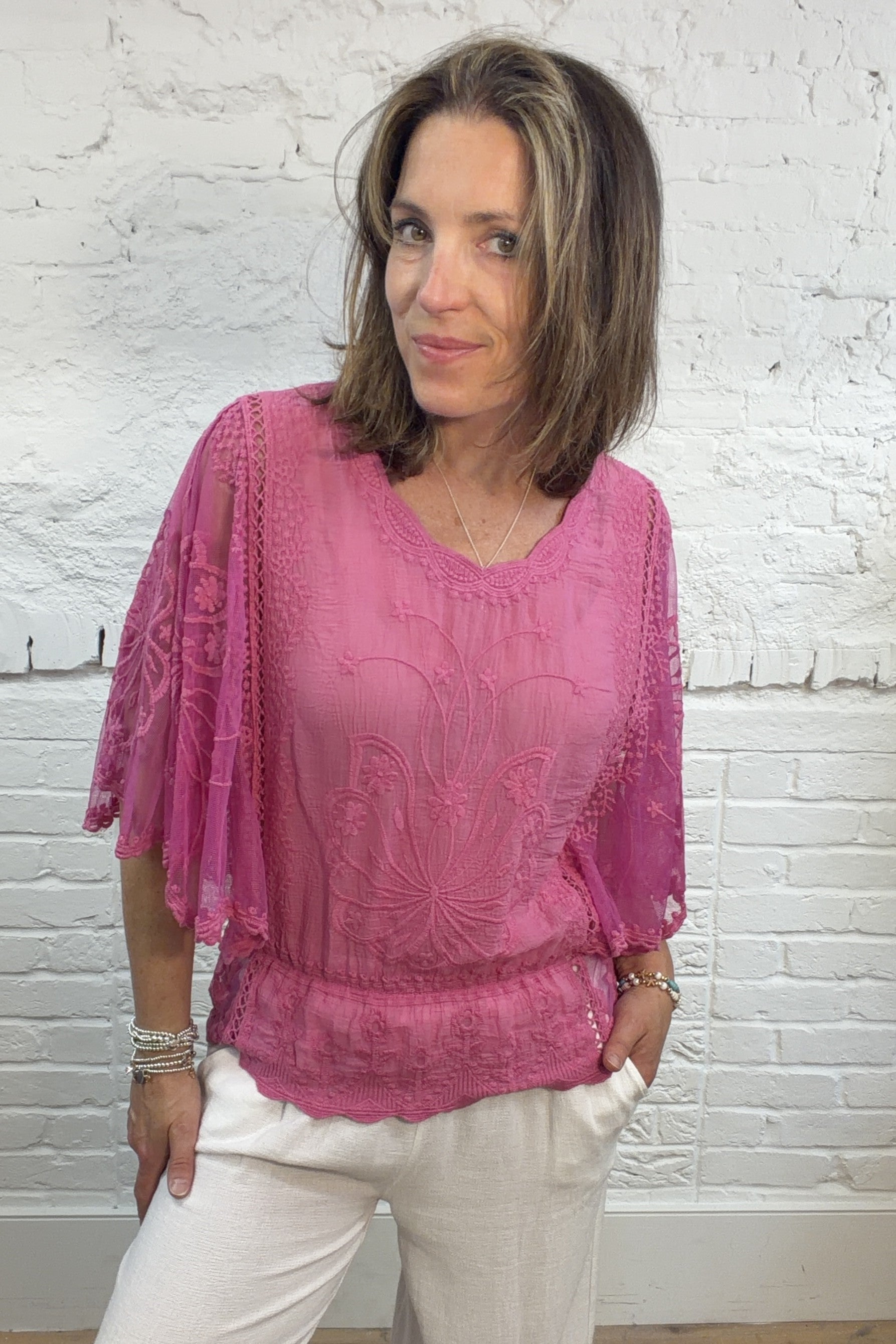 Embroidered Angel Sleeve Top