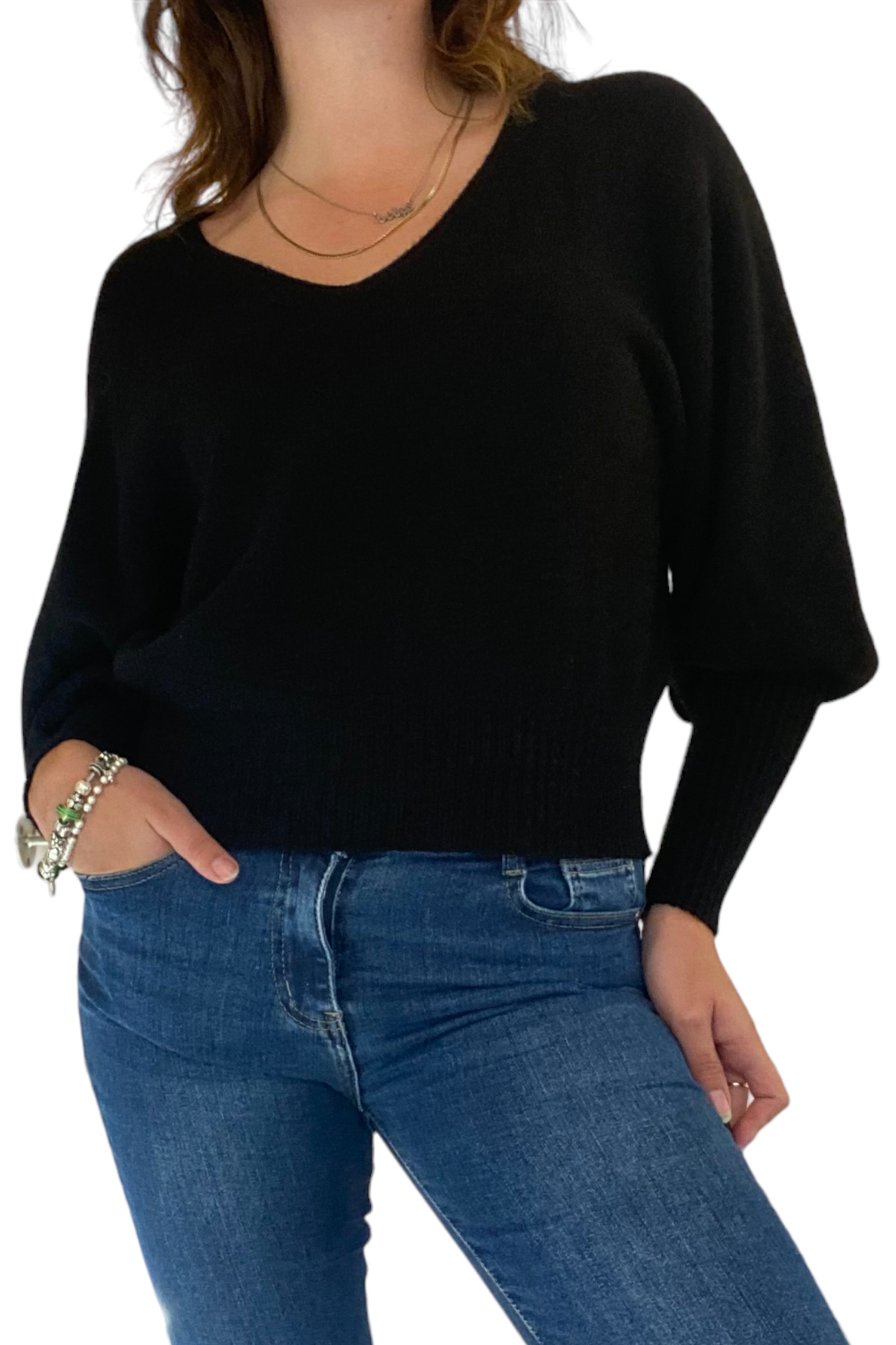 Balloon Sleeve V Neck Jumper