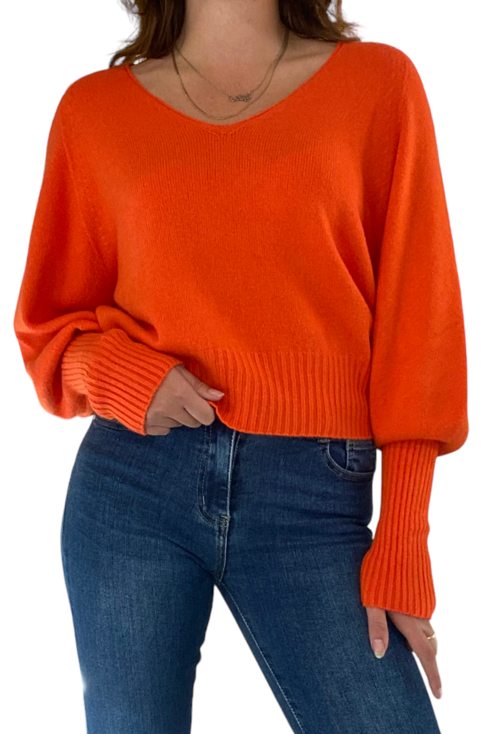 Balloon Sleeve V Neck Jumper