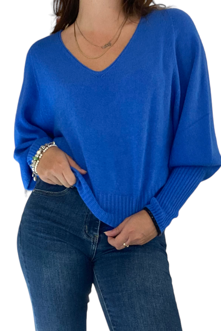 Balloon Sleeve V Neck Jumper