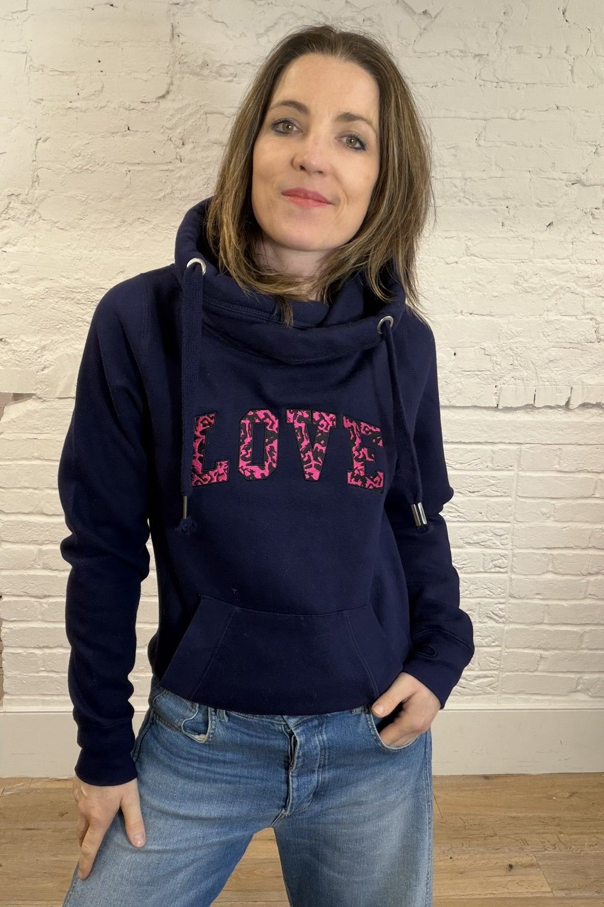 Embroidered Animal Print Love Cowl Neck Hoodie