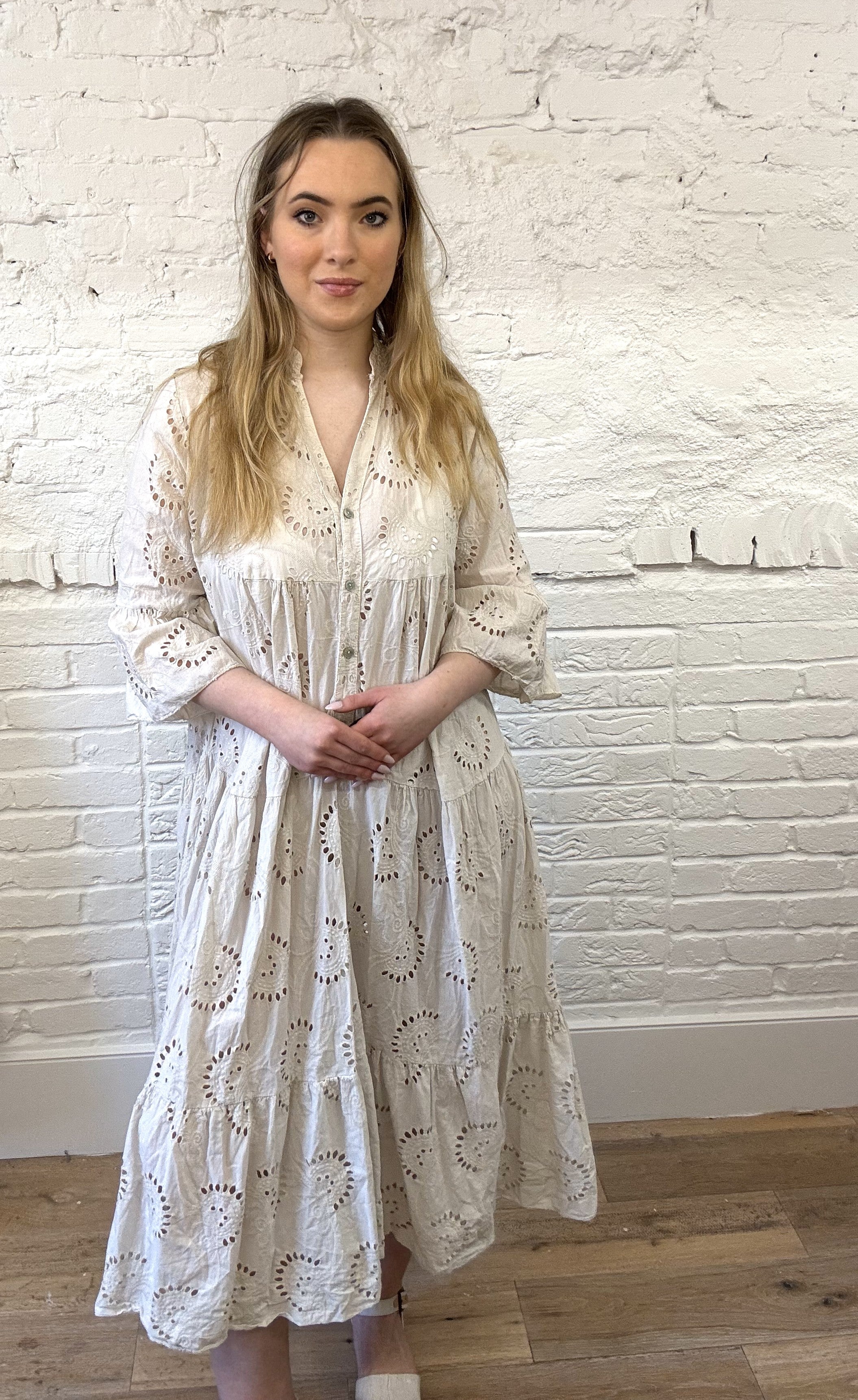 Broderie Anglaise Tiered Dress Cream