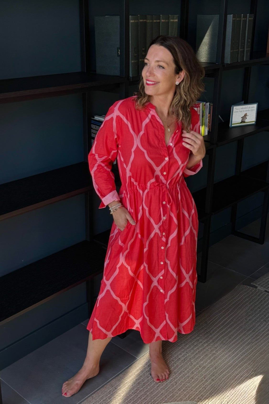 Lattice Charm Button-Down Midi Dress