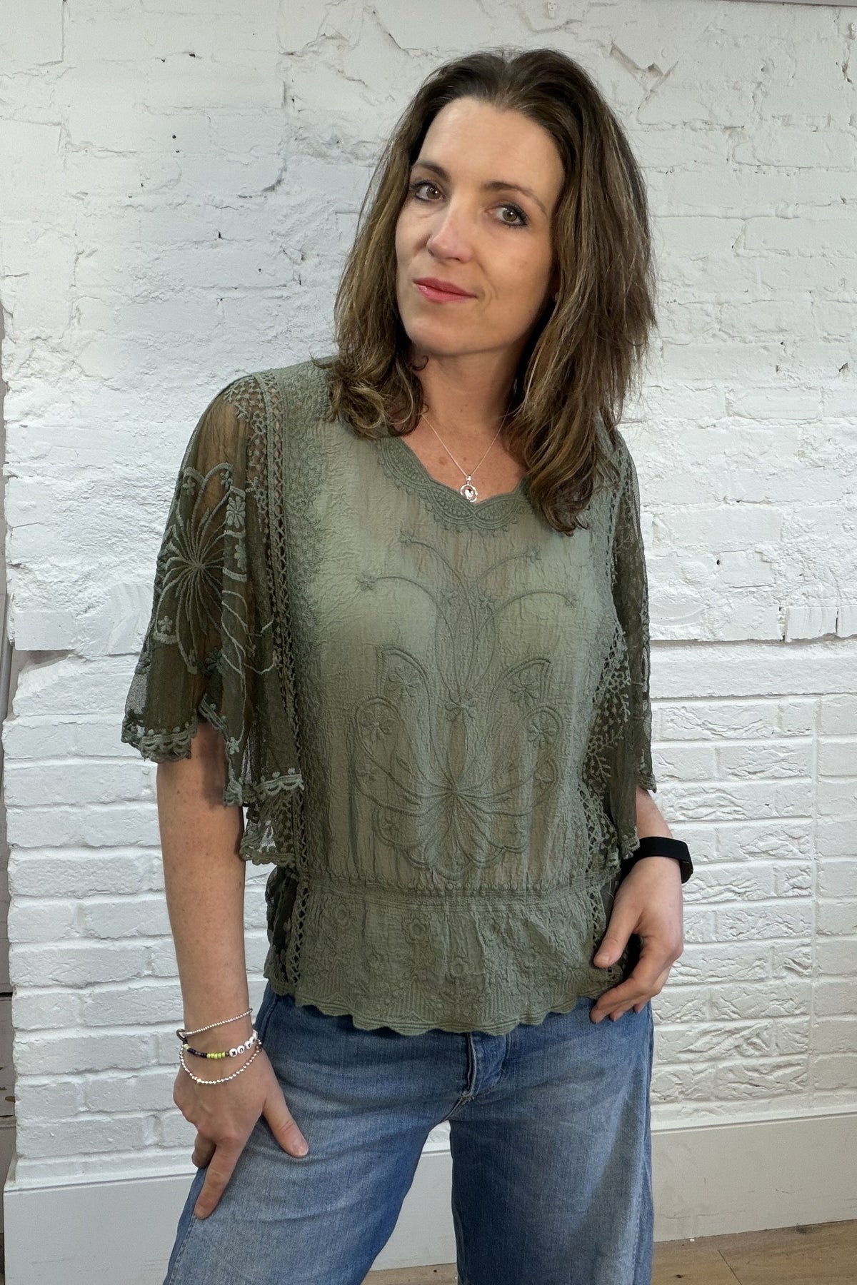 Embroidered Angel Sleeve Top