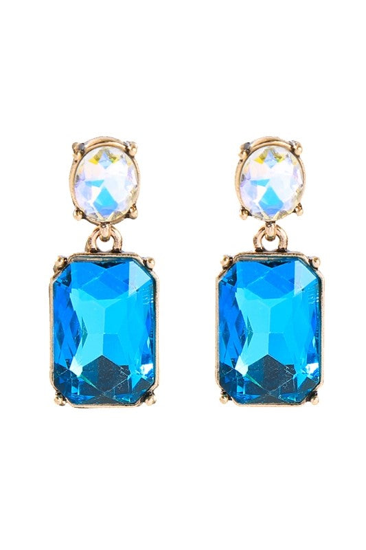 Turquoise Gem with Crystal Earrings in Antique Gold