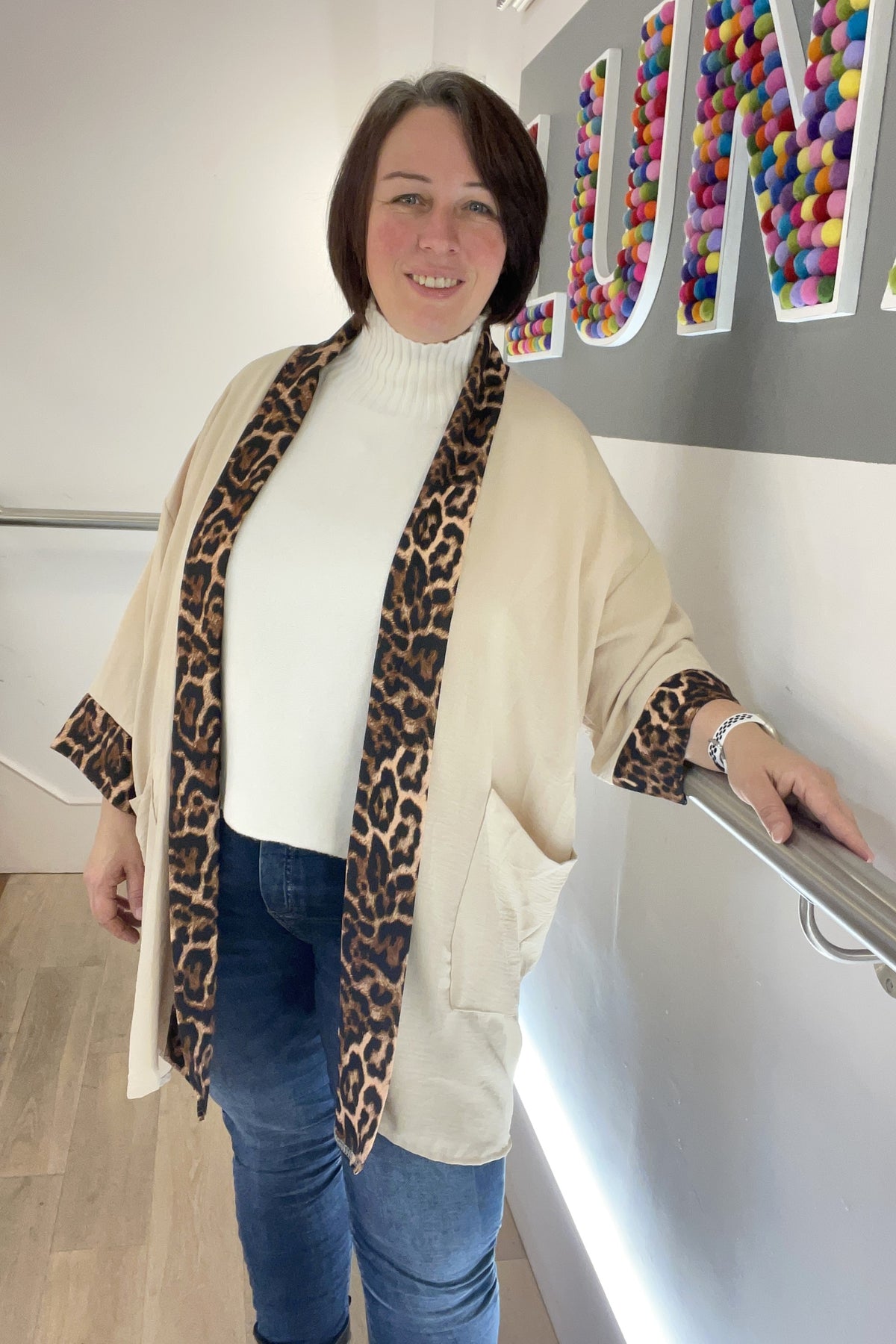 Leopard Print Trim Kimono Jacket