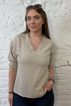 Cotton & Linen Mix Shirred Sleeve Top