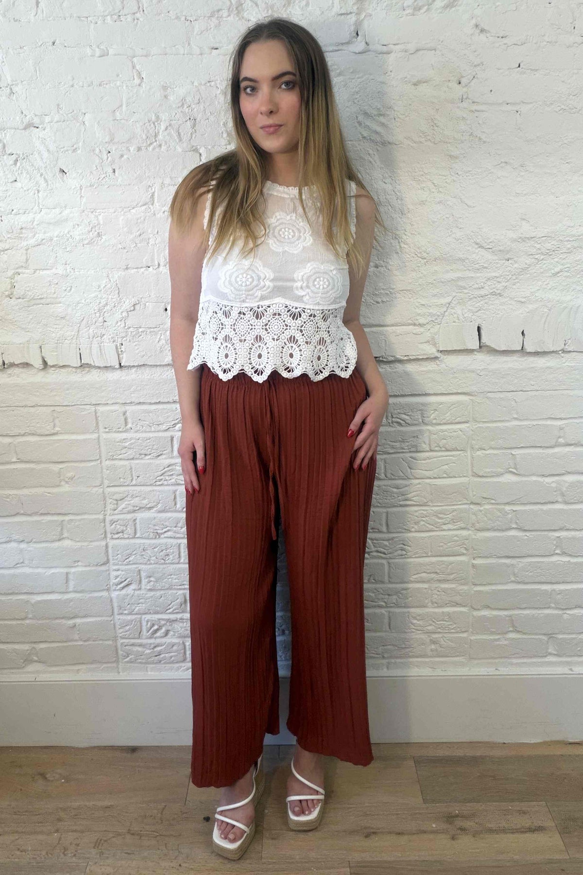 Plisse Wide Leg Trousers