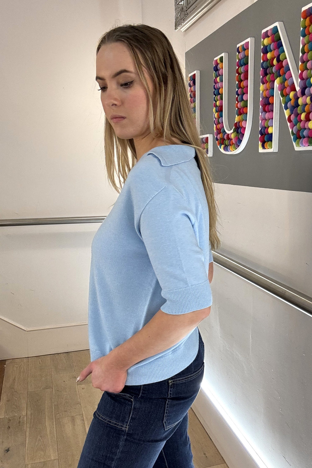Short Sleeve Collared Fine Knit